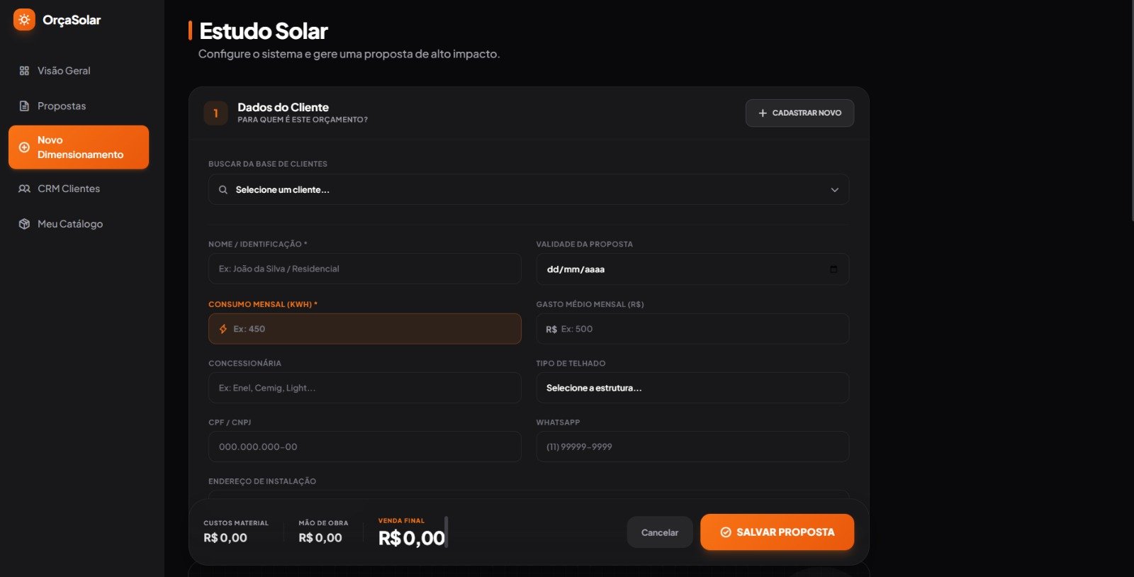 Dimensionamento Solar