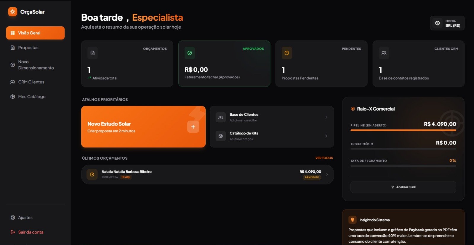 Dashboard OrçaSolar